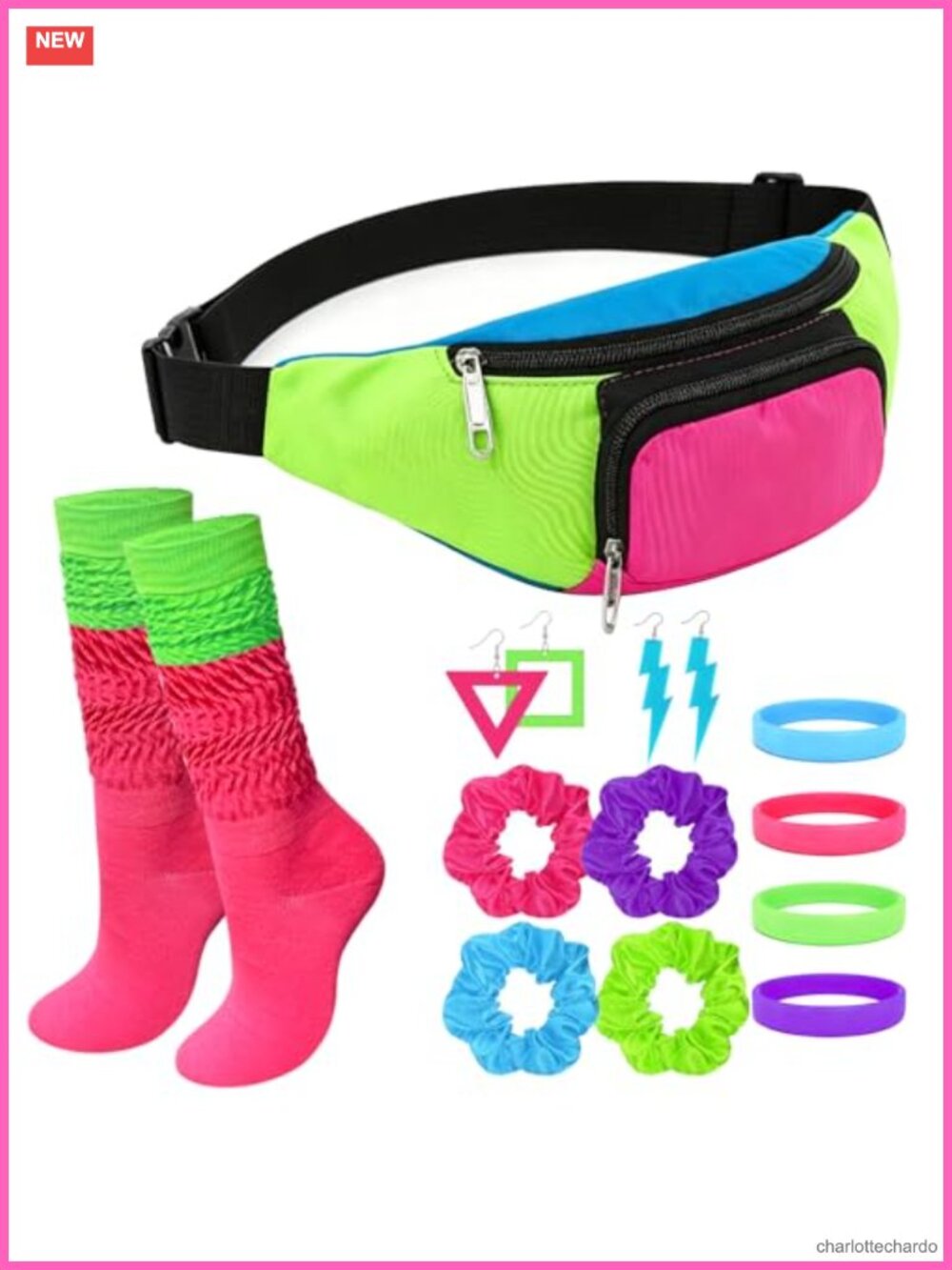 80s Neon Workout Costume Accessory Set 12 Pcs Retro Fanny Pack Slouch Socks